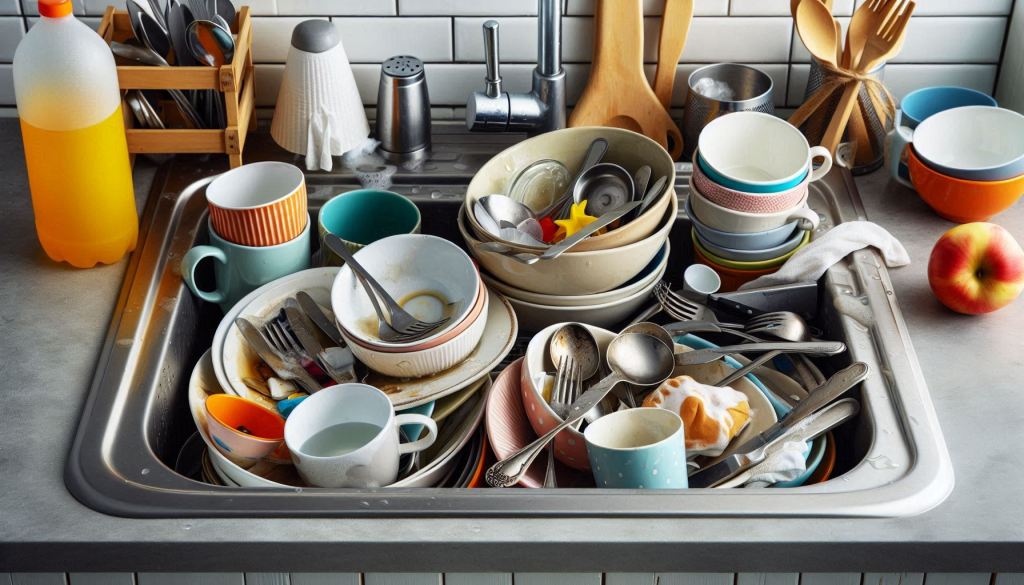 viel schmutziges Geschirr in einer Abwasch