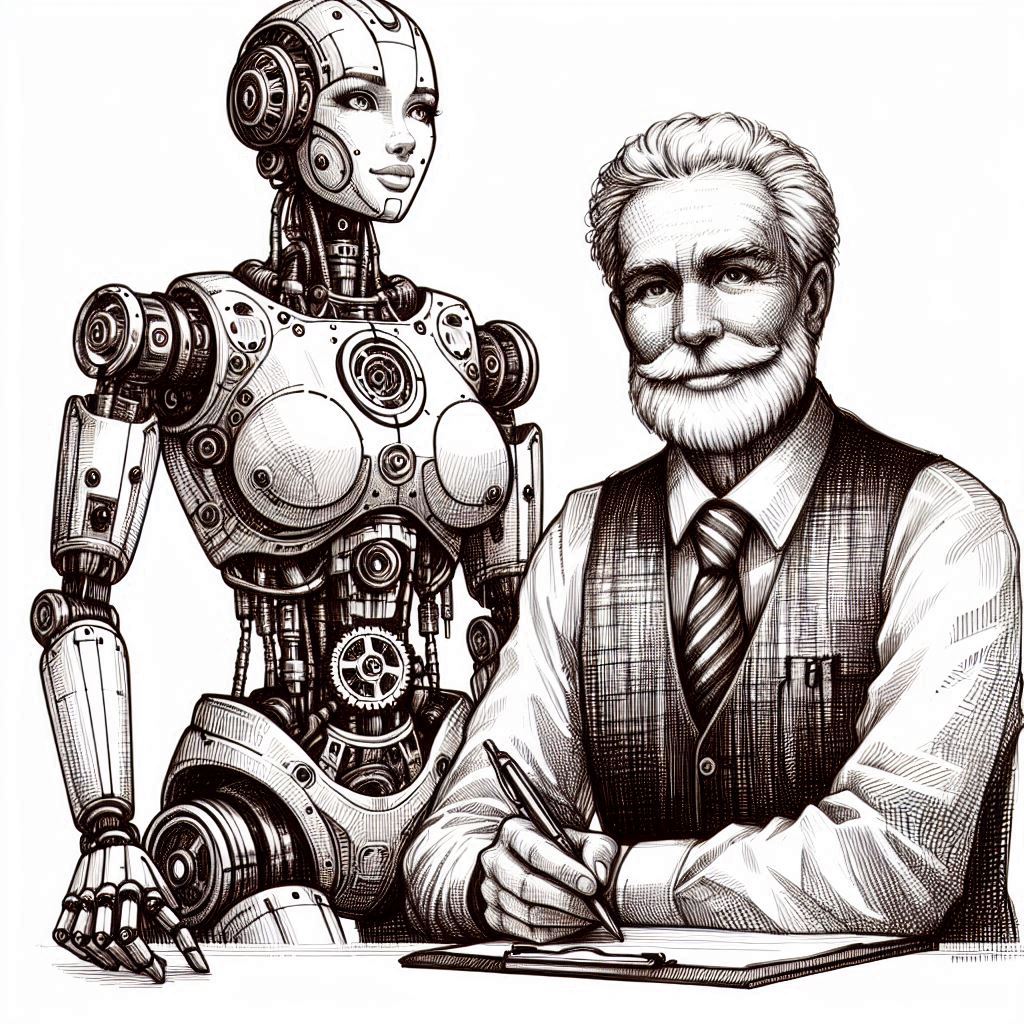 Älterer Mann mit einem weiblich aussehenden Roboter