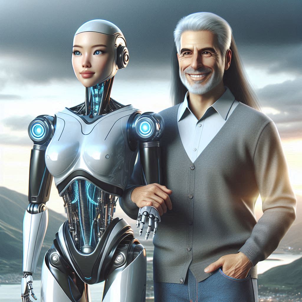 Älterer Mann mit einem weiblich aussehenden Roboter