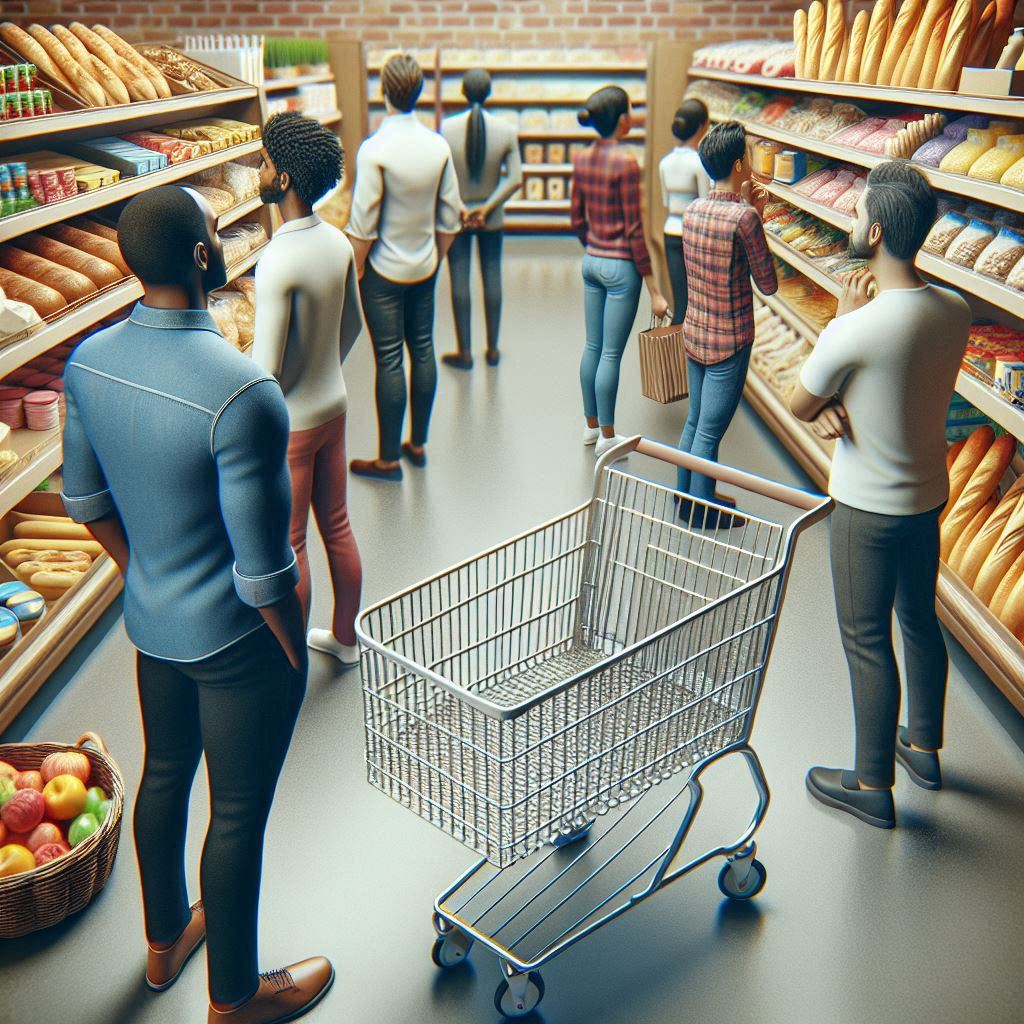 Szene in einem Supermarkt. Ein leerer Einkaufswagen steht am Weg, daneben stehen vor den Regalen mehrere Menschen mit ratlosem Blick