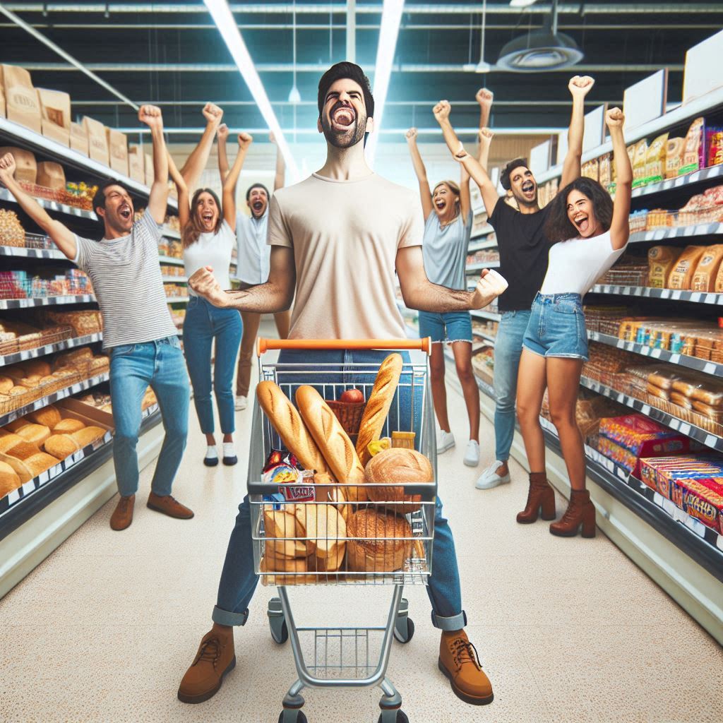 Im Supermarkt. Ein Mann in Jubelpose mit einem Einkaufswagen, hinter ihm stehen jubelnde Menschen.