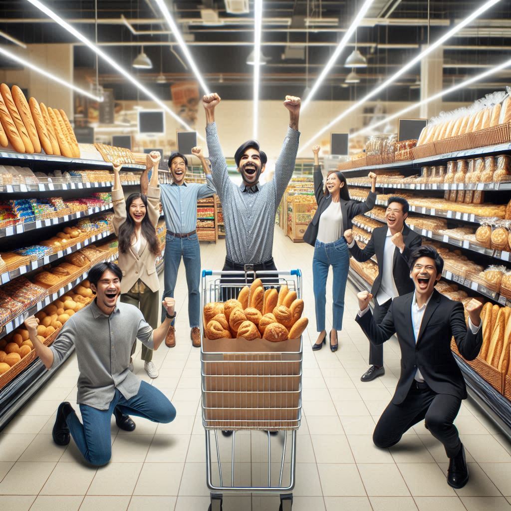 In einem Supermarkt. Ein jubelnder Mann steht vor einem gefüllten Einkaufswagen, umringt von jubelnden Menschen.