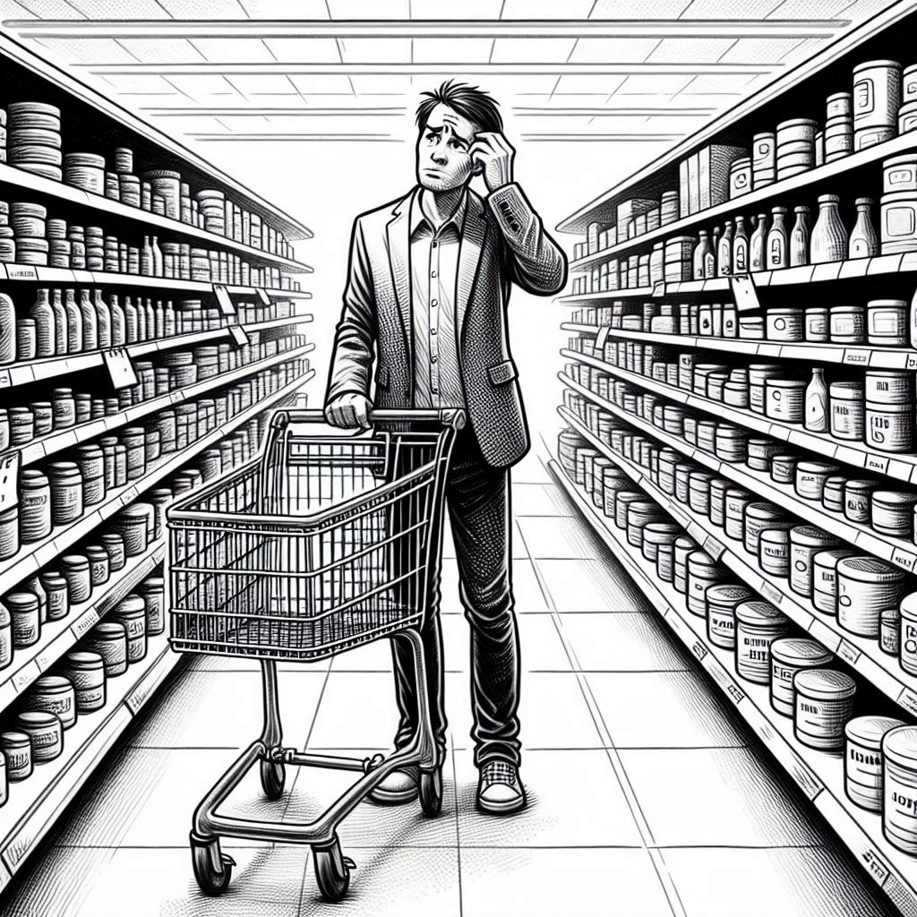 Zeichnung: In einem Supermarkt zwischen den Regalen steht ein Mann mit einem leeren Einkaufswagen und ratlosem Gesicht.