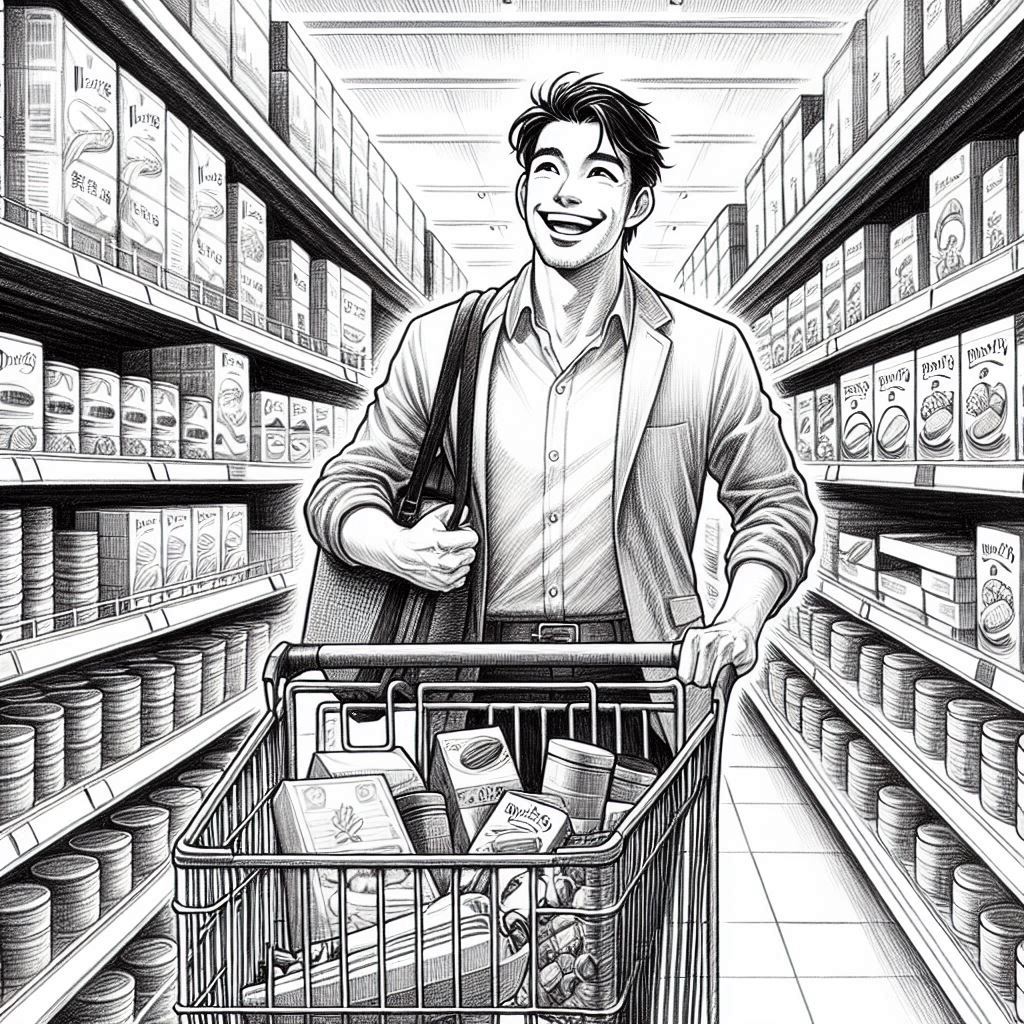 Zeichnung: Junger Mann mit Einkaufswagen in einem Supermarkt zwischen den Regalen, der Einkaufswagen ist gefüllt.