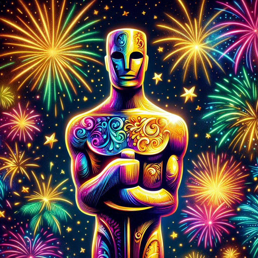Ein stilisierter Oscar, gezeichnet, bunte und knallige Farben