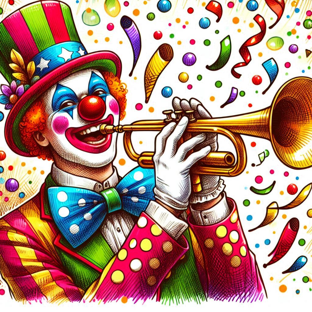 Ein Clown mit einer Trompete, sehr buntes Bild