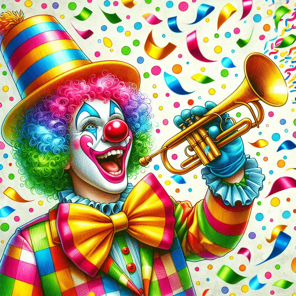 Ein Clown mit einer Trompete, sehr buntes Bild