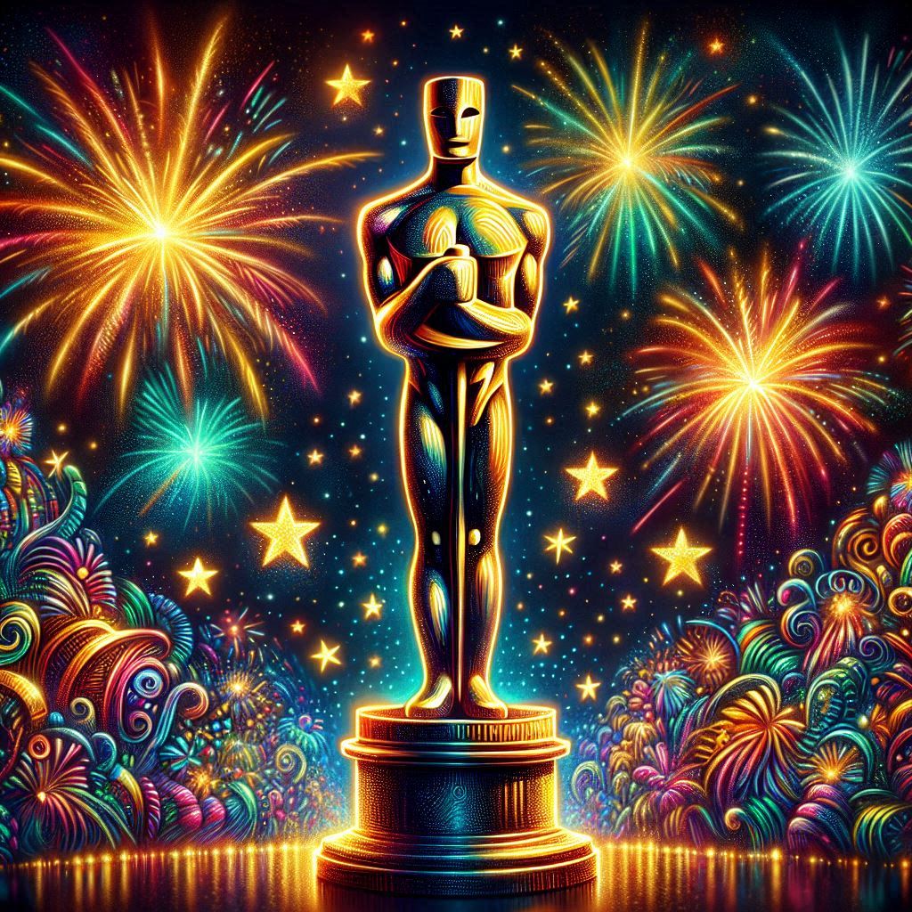 Ein stilisierter Oscar, gezeichnet, bunte und knallige Farben