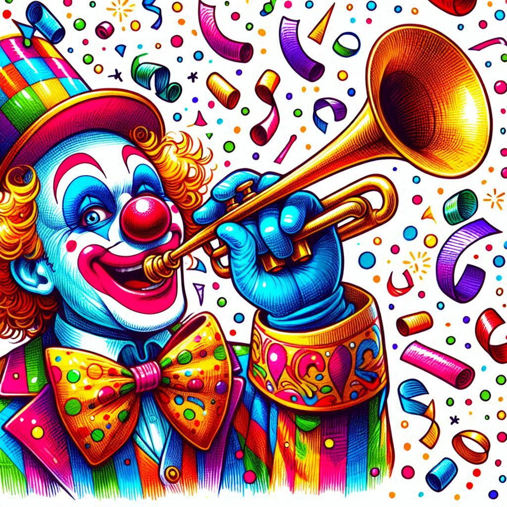 Ein Clown mit einer Trompete, sehr buntes Bild