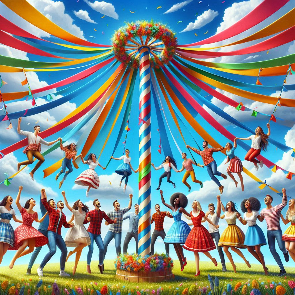 stilisiertes Motiv eines Maibaums mit tanzenden Menschen, das Bild wurde von KI erstellt