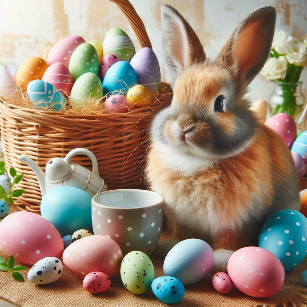 Ein Osterhase inmitten von bunten Ostereiern