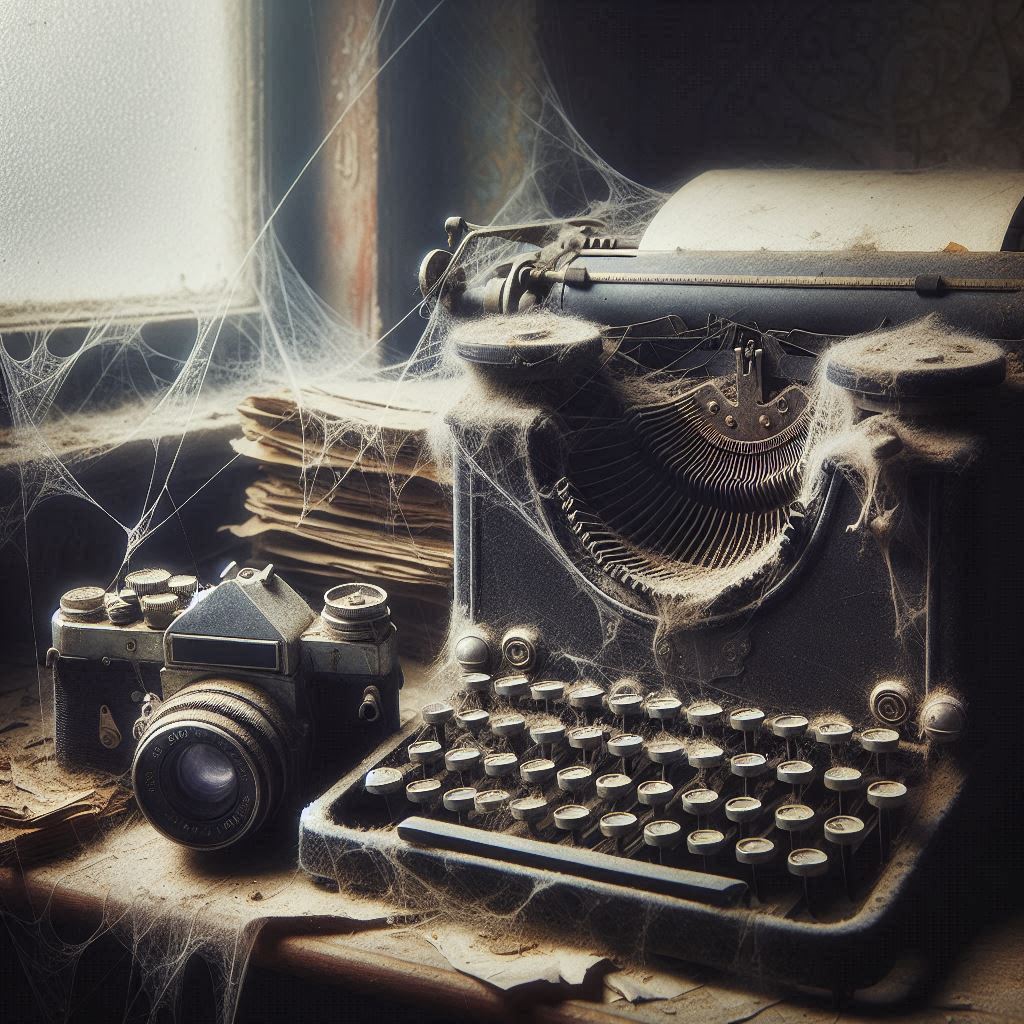 auf einem alten und staubigen Tisch steht ein alter Fotoapparat, daneben steht eine Schreibmaschine, die von Spinnweben überzogen ist

das Bild wurde mit/von KI erstellt