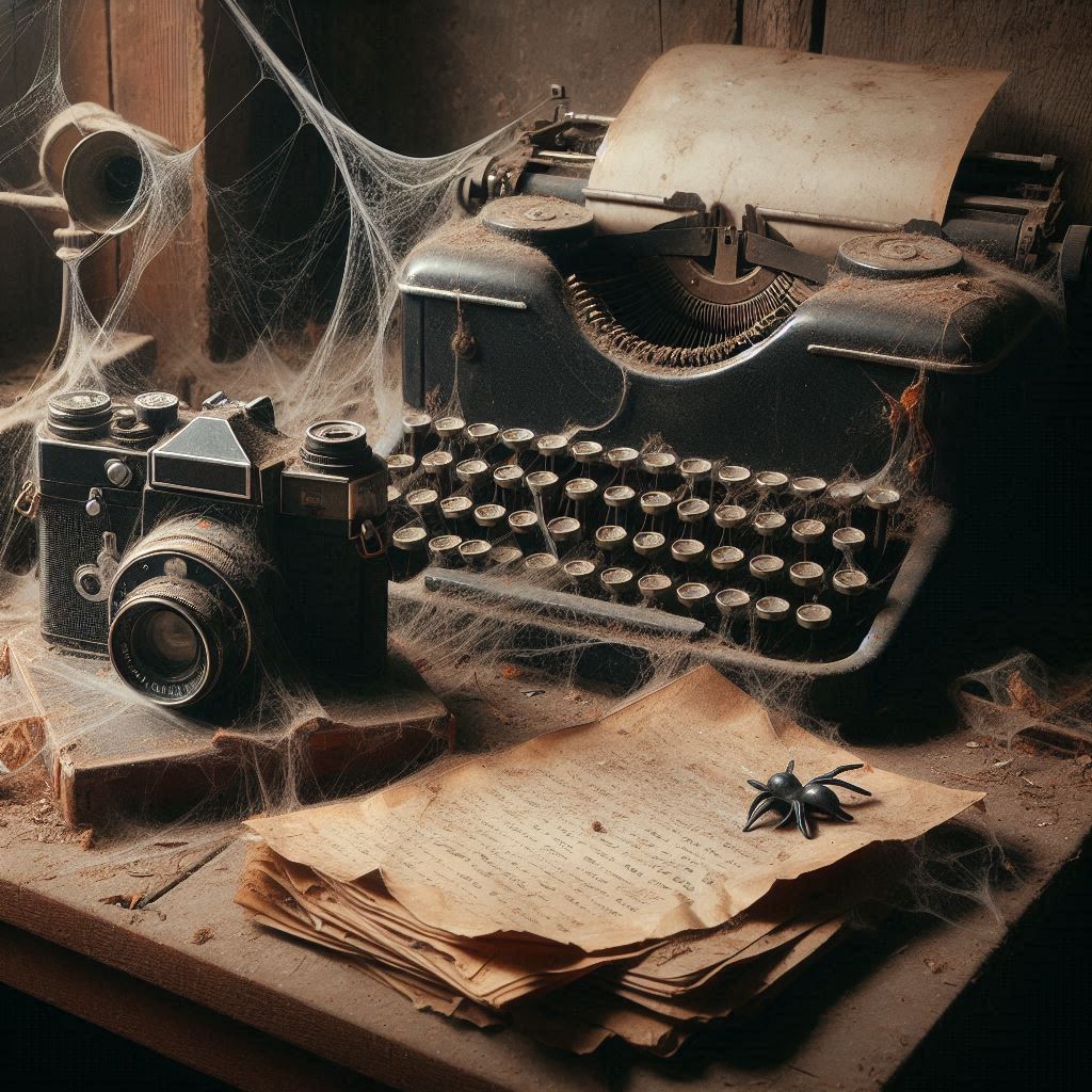 auf einem alten und staubigen Tisch steht ein alter Fotoapparat, daneben steht eine Schreibmaschine, die von Spinnweben überzogen ist

das Bild wurde mit/von KI erstellt