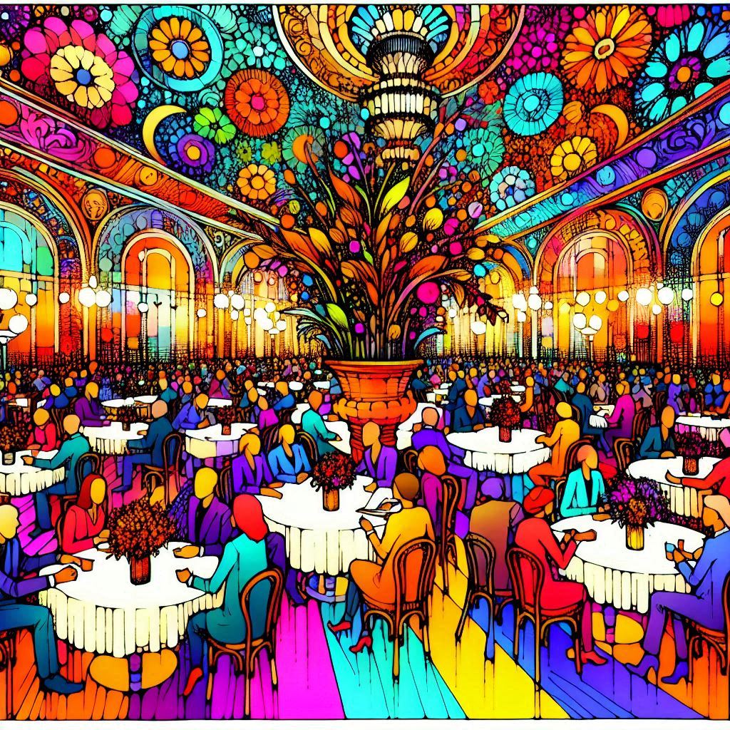 grellbunte Zeichnung: In einem großen Restaurant sitzen viele Menschen, das Restaurant wirkt überfüllt, auf den Tischen stehen große Vasen mit Blumen