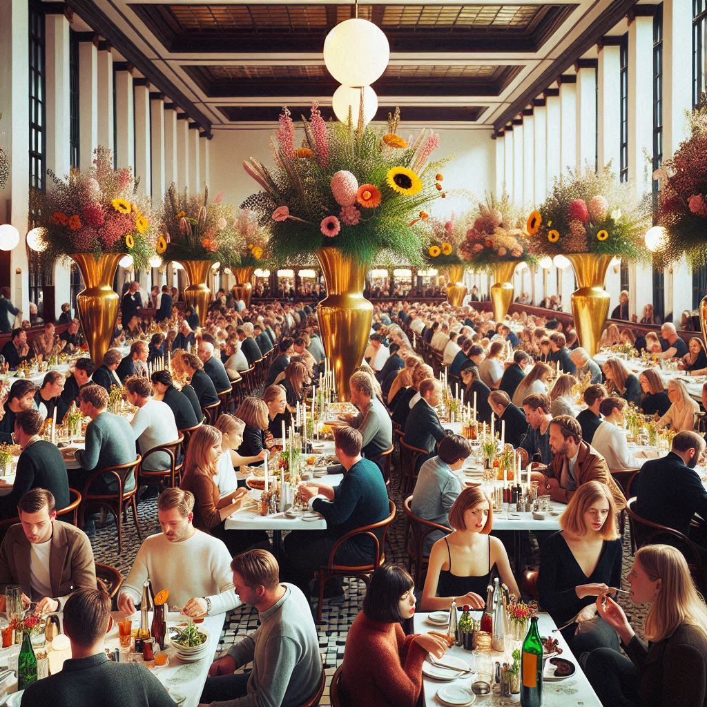 In einem großen Restaurant sitzen viele Menschen, das Restaurant wirkt überfüllt, auf den Tischen stehen große Vasen mit Blumen