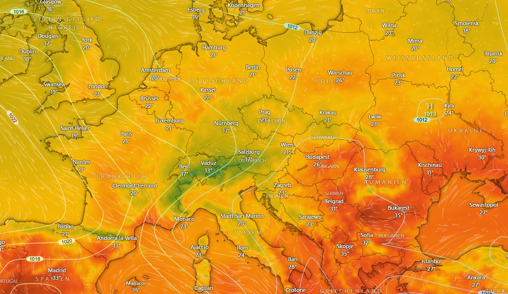 Das Bild zeigt in weiten Teilen Europas Temperaturen um knapp unter 20 Grad und knapp darüber.