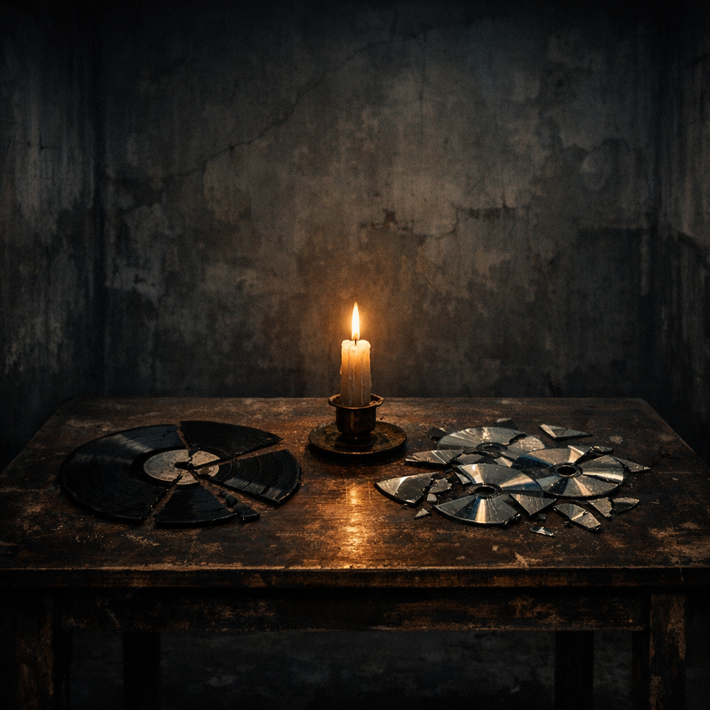 düsterer fensterloser raum, brennende kerze, zerbrochene schallplatte, zerbrochene CDs