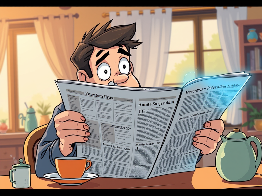 Comic, zeitunglesender Mann mit erstauntem Gesichtsausdruck