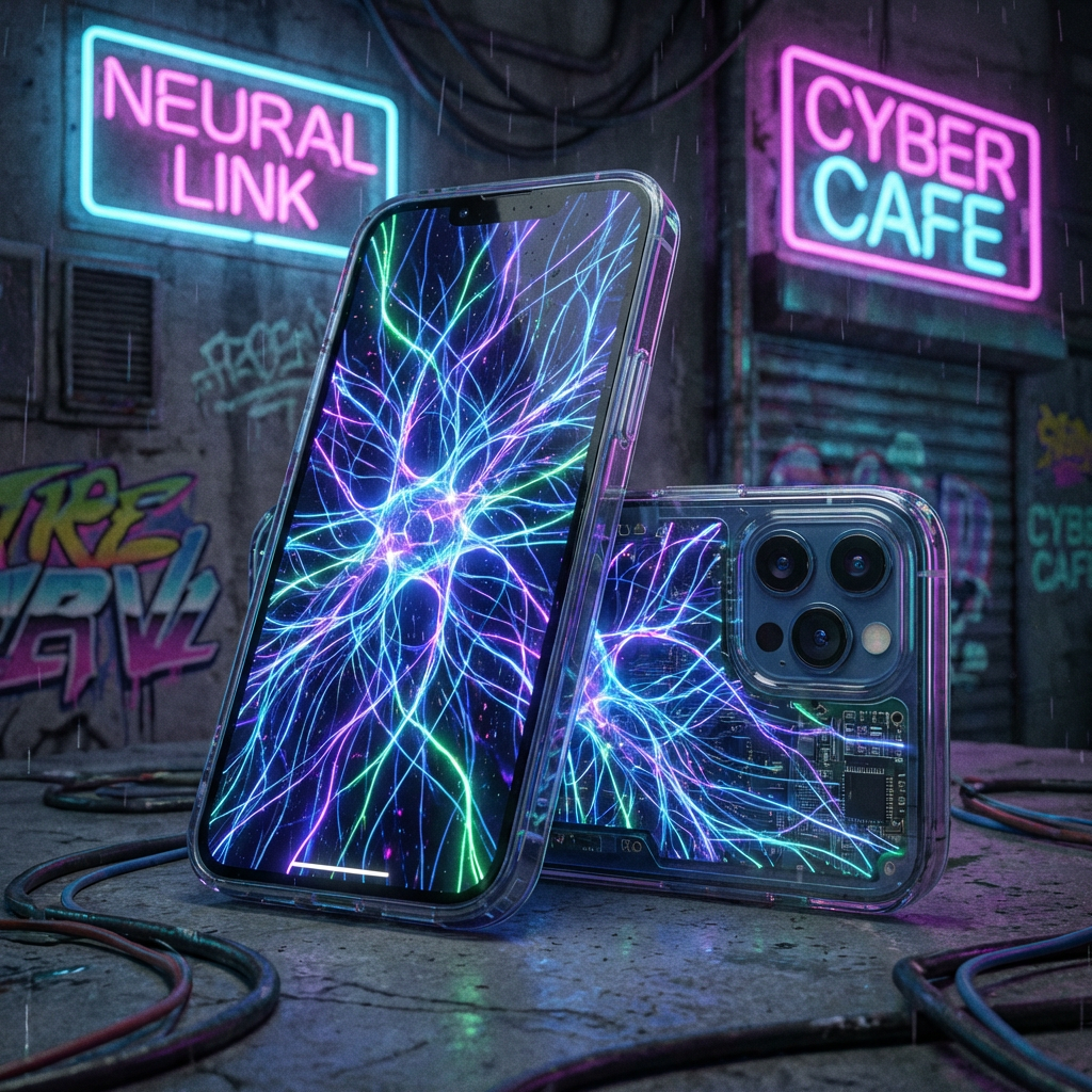 Two smartphones with glowing neural patterns displayed in a neon-lit cyberpunk alleyway.