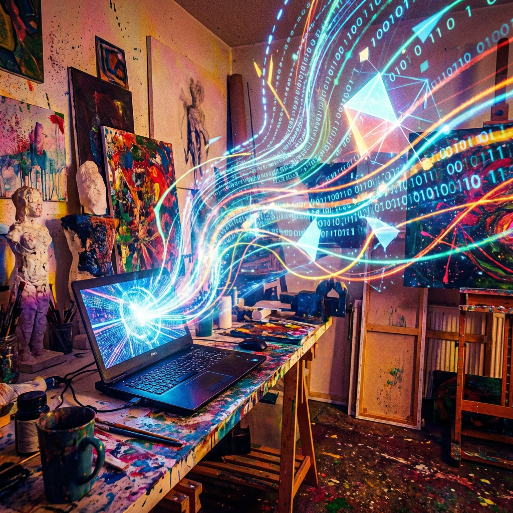Digital light and binary code erupt from a laptop in a cluttered art studio.
