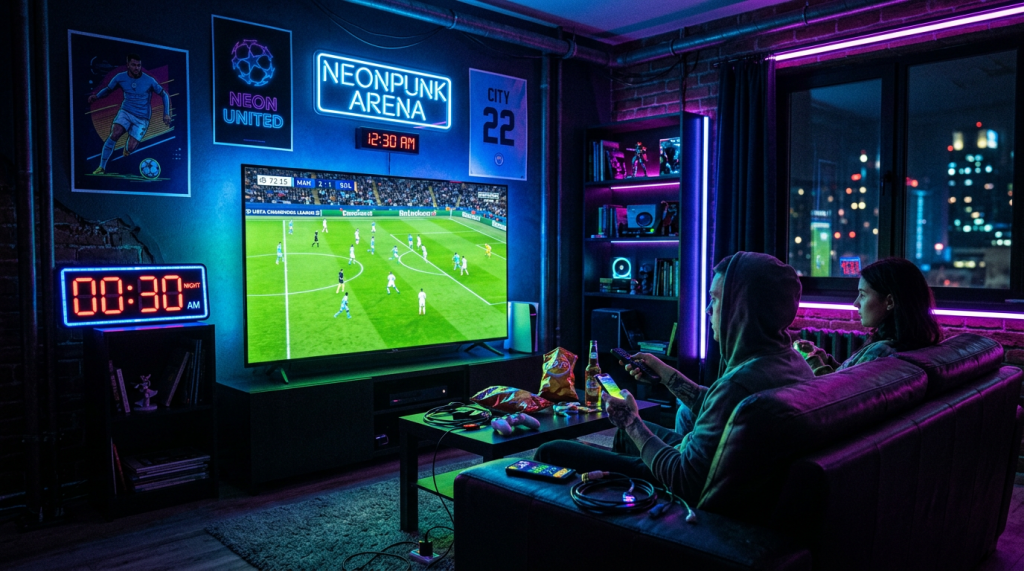 Two people on a couch watching a soccer game on a large TV in a neon-lit room at night