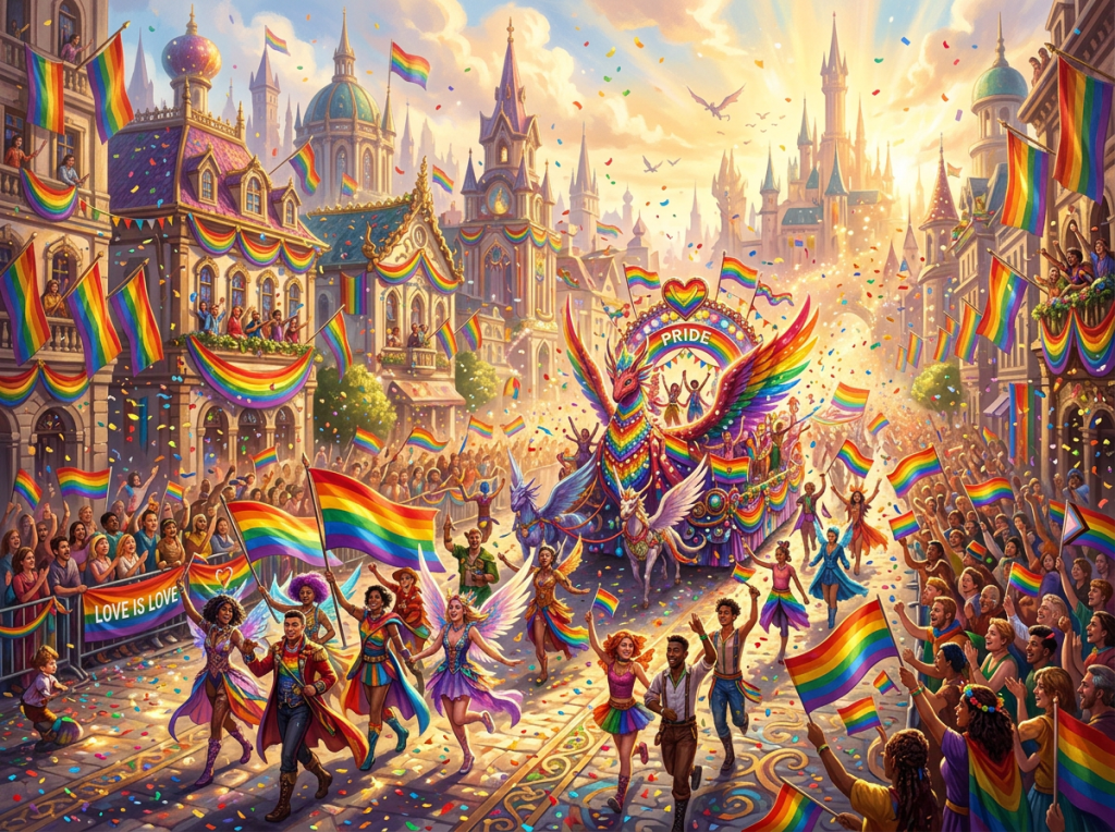 Pride parade with people holding rainbow flags and a colorful phoenix float