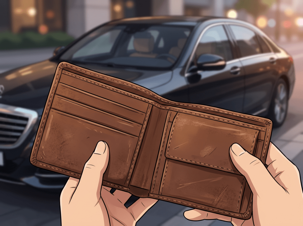 Two hands holding an empty brown leather wallet in front of a black luxury car.