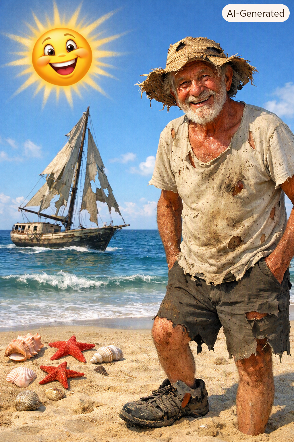 lachende Sonne, blauer Himmel, Meer, Segelboot mit zerfetztem Segel, Mann mit zerfetztem Hut und Shirt und kaputten Schuhen, an einem Sandstrand