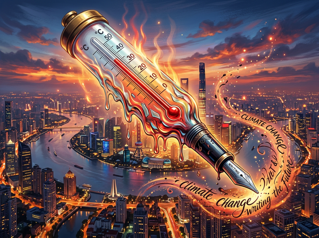A melting thermometer shaped like a fountain pen over a city at sunset, with swirling text about climate change and future writing