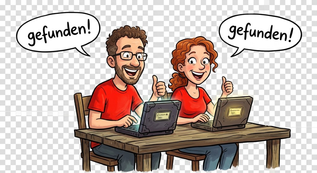 Stil: Karikatur, Fantasy
Ein Mann und eine Frau mittleren Alters sitzen vor je einem Laptop, beide sind mit einem grellroten T-Shirt bekleidet, beide haben einen erfreuten Gesichtsausdruck und beide deuten Daumen hoch. Sprechblase für beide: gefunden!
